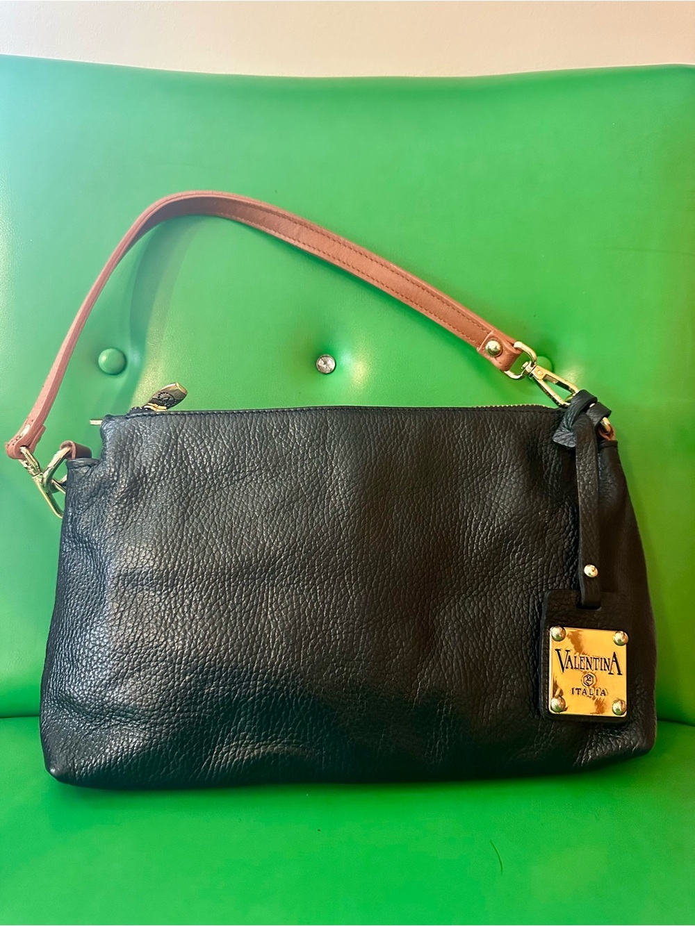 Valentina Black Leather Shoulder Bag with Tan Strap and Gold Plate